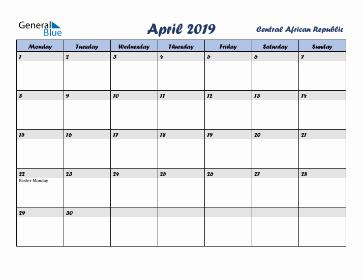 April 2019 Calendar with Holidays in Central African Republic