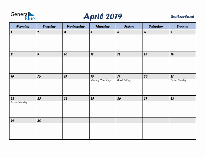 April 2019 Calendar with Holidays in Switzerland