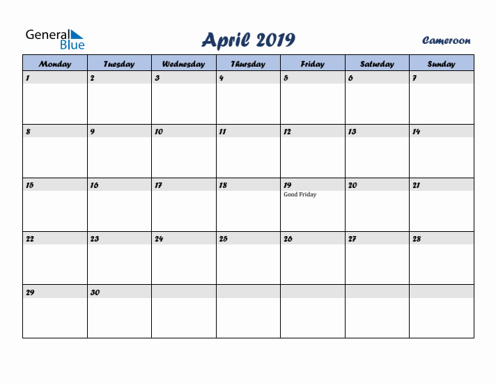 April 2019 Calendar with Holidays in Cameroon