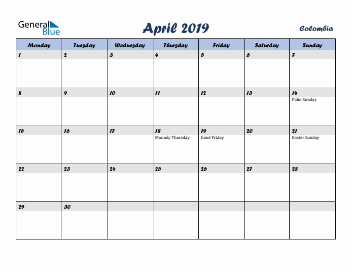 April 2019 Calendar with Holidays in Colombia