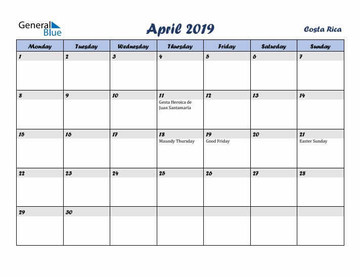 April 2019 Calendar with Holidays in Costa Rica