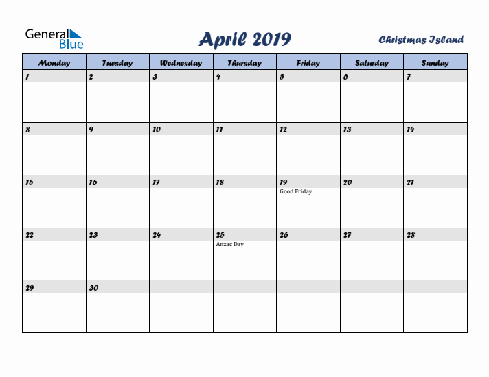 April 2019 Calendar with Holidays in Christmas Island