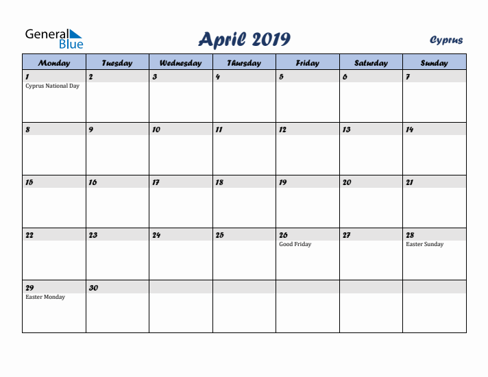 April 2019 Calendar with Holidays in Cyprus