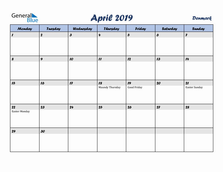 April 2019 Calendar with Holidays in Denmark