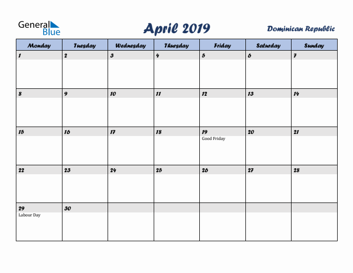 April 2019 Calendar with Holidays in Dominican Republic