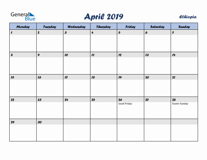 April 2019 Calendar with Holidays in Ethiopia