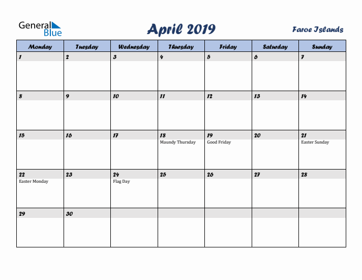 April 2019 Calendar with Holidays in Faroe Islands