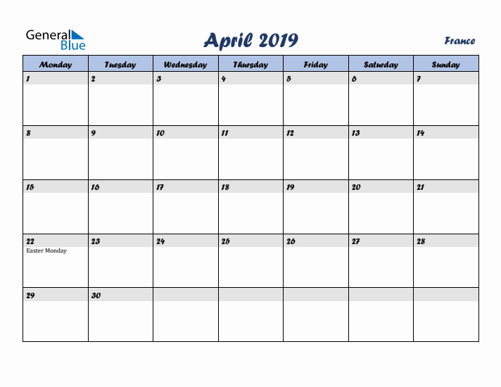 April 2019 Calendar with Holidays in France