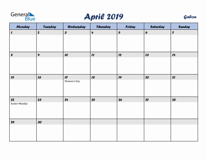 April 2019 Calendar with Holidays in Gabon