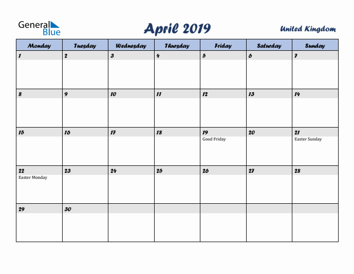 April 2019 Calendar with Holidays in United Kingdom