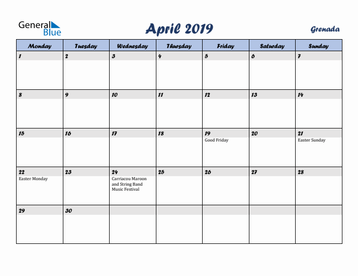 April 2019 Calendar with Holidays in Grenada