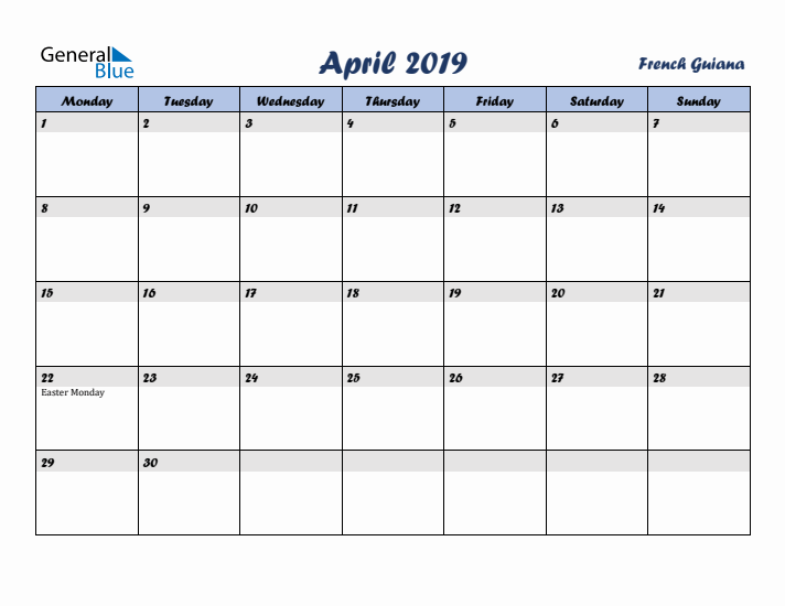 April 2019 Calendar with Holidays in French Guiana