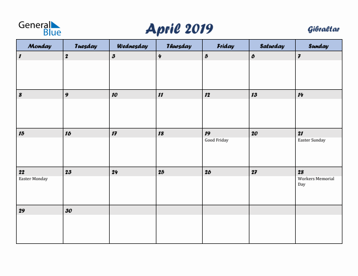 April 2019 Calendar with Holidays in Gibraltar
