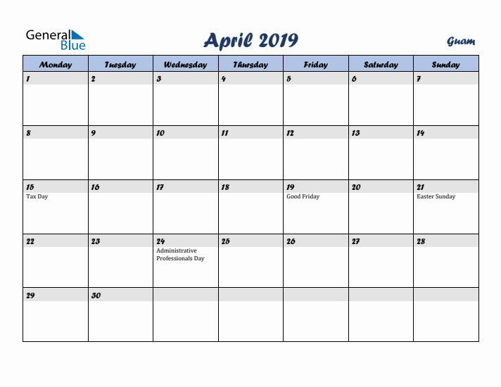 April 2019 Calendar with Holidays in Guam