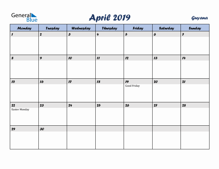 April 2019 Calendar with Holidays in Guyana