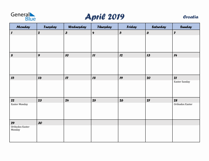 April 2019 Calendar with Holidays in Croatia