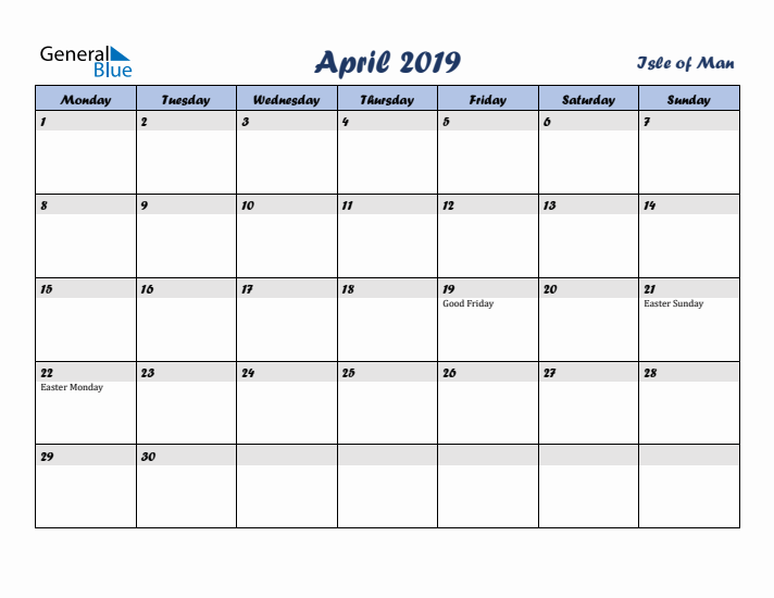 April 2019 Calendar with Holidays in Isle of Man