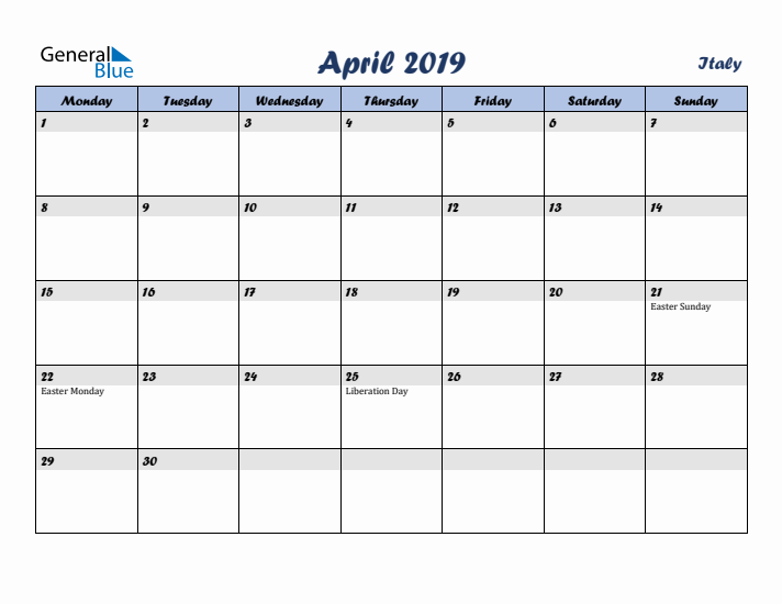April 2019 Calendar with Holidays in Italy