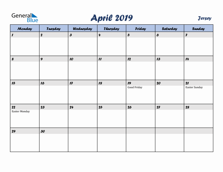 April 2019 Calendar with Holidays in Jersey