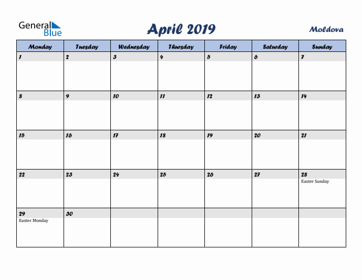 April 2019 Calendar with Holidays in Moldova