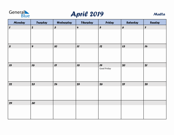 April 2019 Calendar with Holidays in Malta