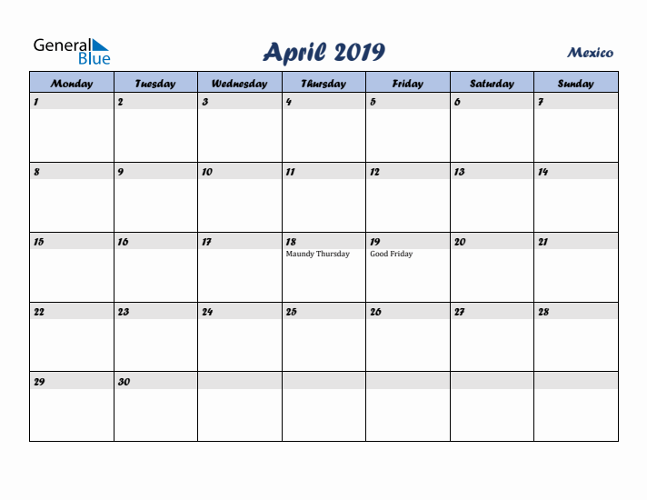 April 2019 Calendar with Holidays in Mexico