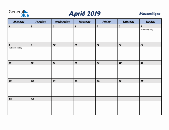 April 2019 Calendar with Holidays in Mozambique