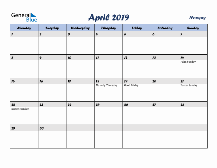 April 2019 Calendar with Holidays in Norway