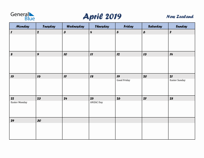April 2019 Calendar with Holidays in New Zealand