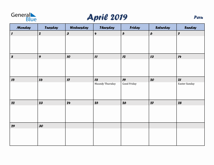 April 2019 Calendar with Holidays in Peru