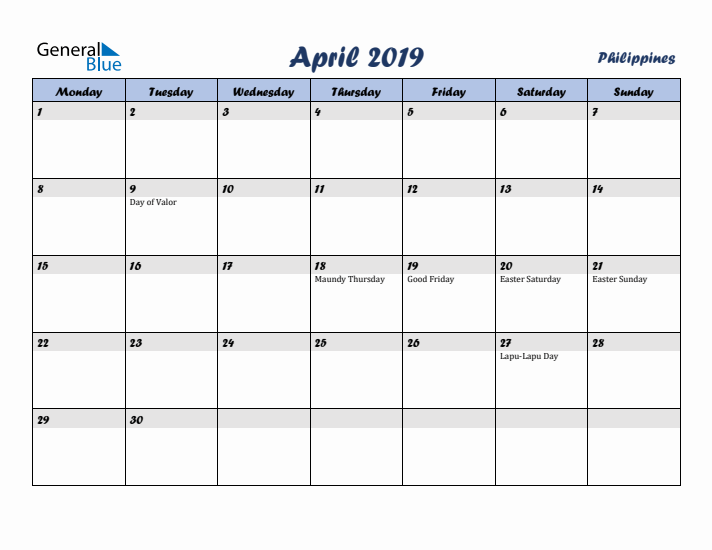 April 2019 Calendar with Holidays in Philippines