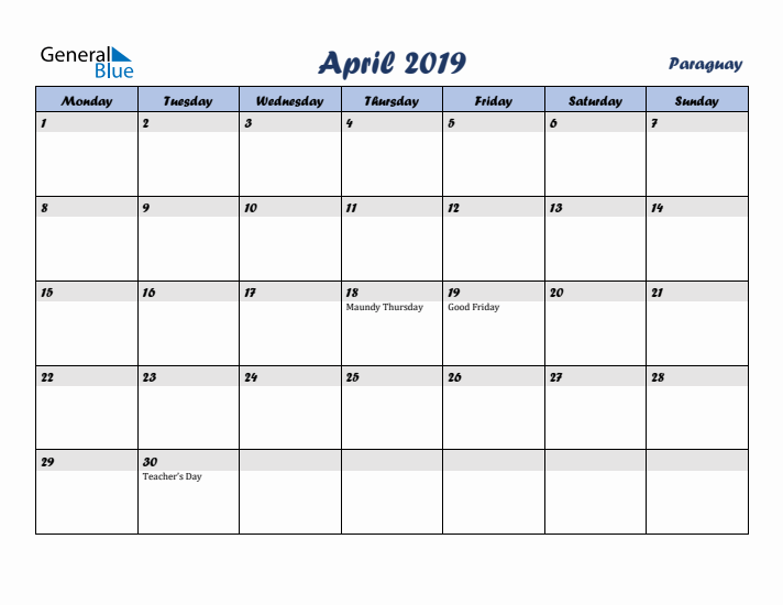 April 2019 Calendar with Holidays in Paraguay