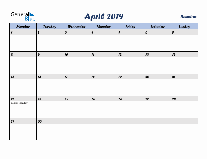 April 2019 Calendar with Holidays in Reunion