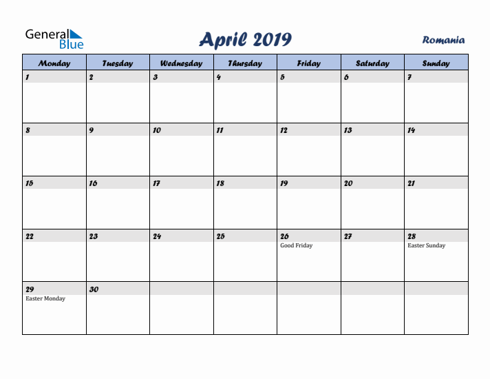 April 2019 Calendar with Holidays in Romania