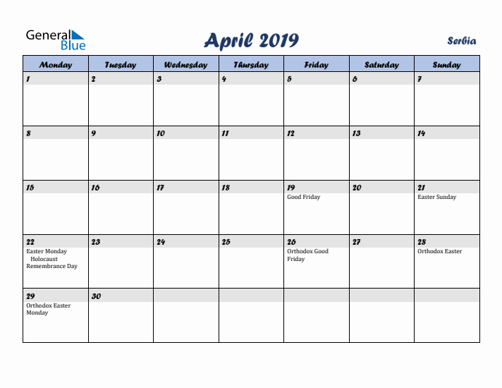 April 2019 Calendar with Holidays in Serbia