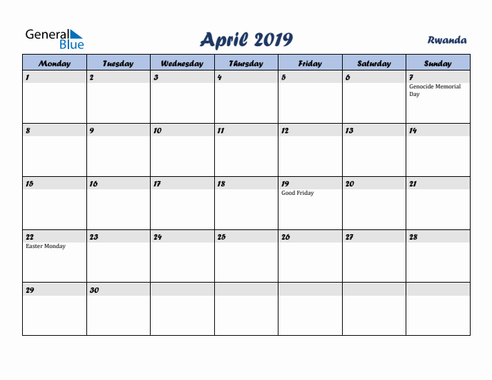 April 2019 Calendar with Holidays in Rwanda