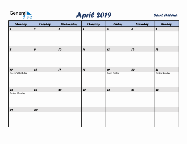 April 2019 Calendar with Holidays in Saint Helena