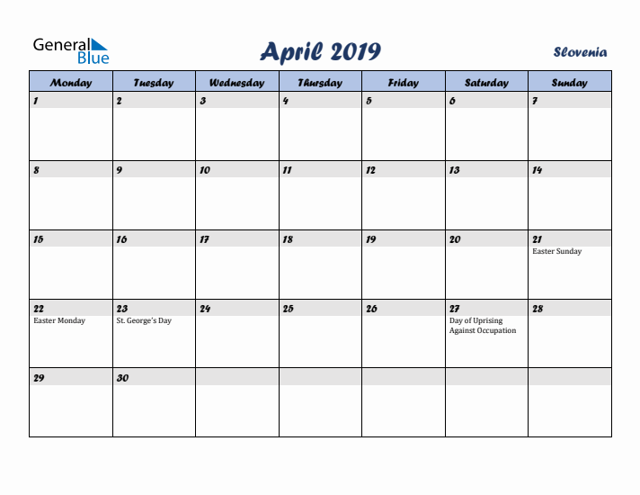 April 2019 Calendar with Holidays in Slovenia