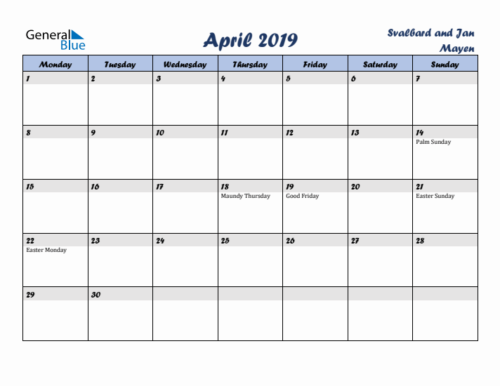 April 2019 Calendar with Holidays in Svalbard and Jan Mayen