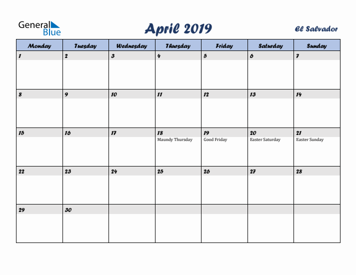 April 2019 Calendar with Holidays in El Salvador