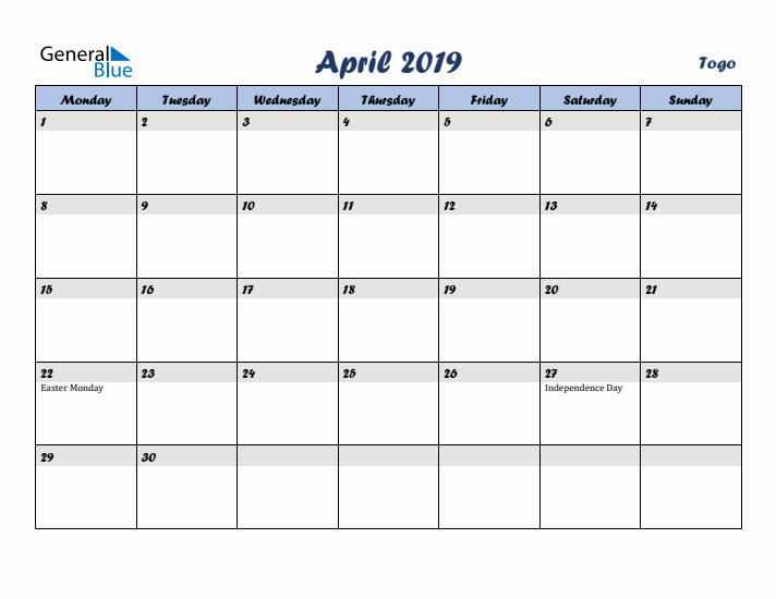 April 2019 Calendar with Holidays in Togo