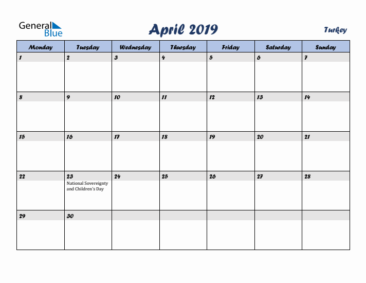 April 2019 Calendar with Holidays in Turkey