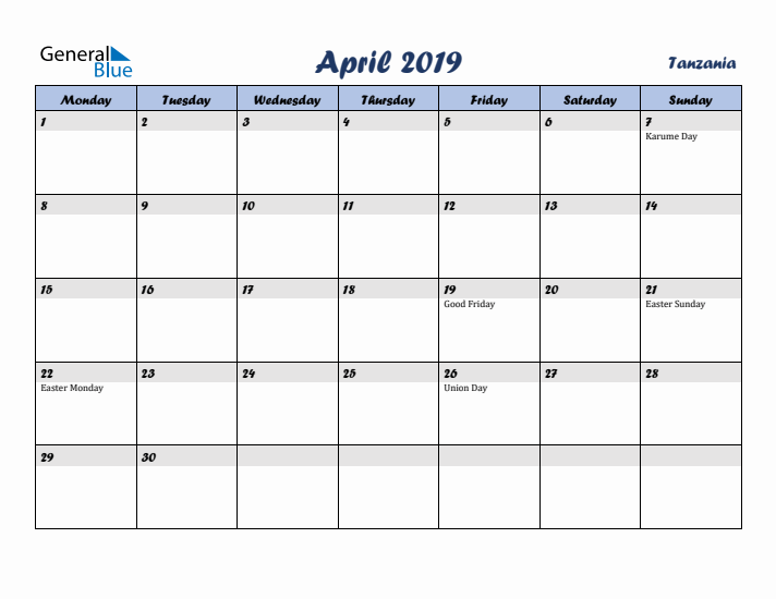 April 2019 Calendar with Holidays in Tanzania