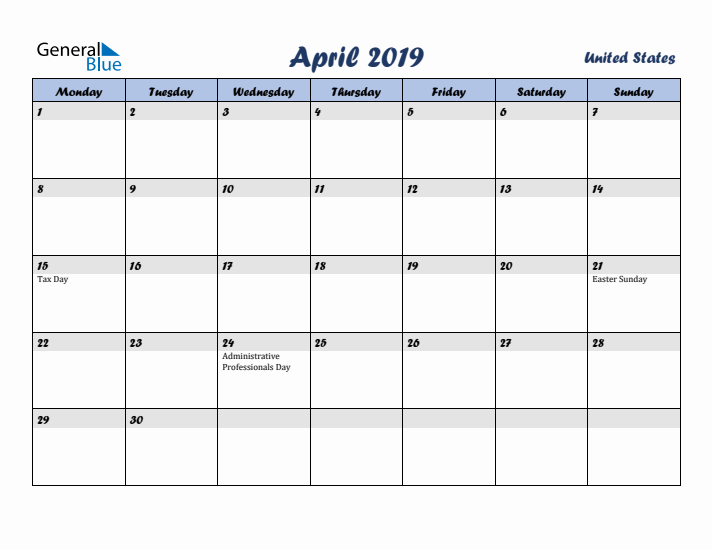 April 2019 Calendar with Holidays in United States