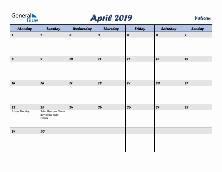 April 2019 Calendar with Holidays in Vatican