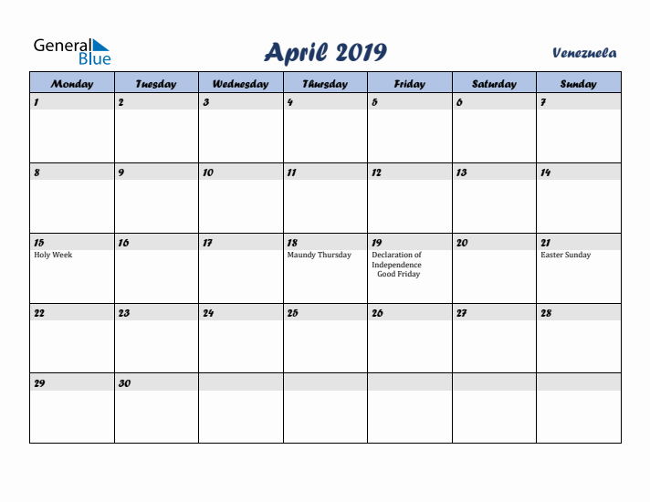 April 2019 Calendar with Holidays in Venezuela