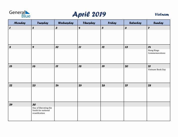 April 2019 Calendar with Holidays in Vietnam