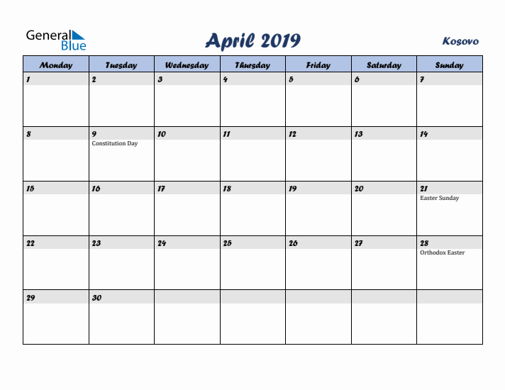 April 2019 Calendar with Holidays in Kosovo