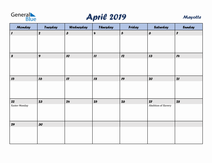 April 2019 Calendar with Holidays in Mayotte