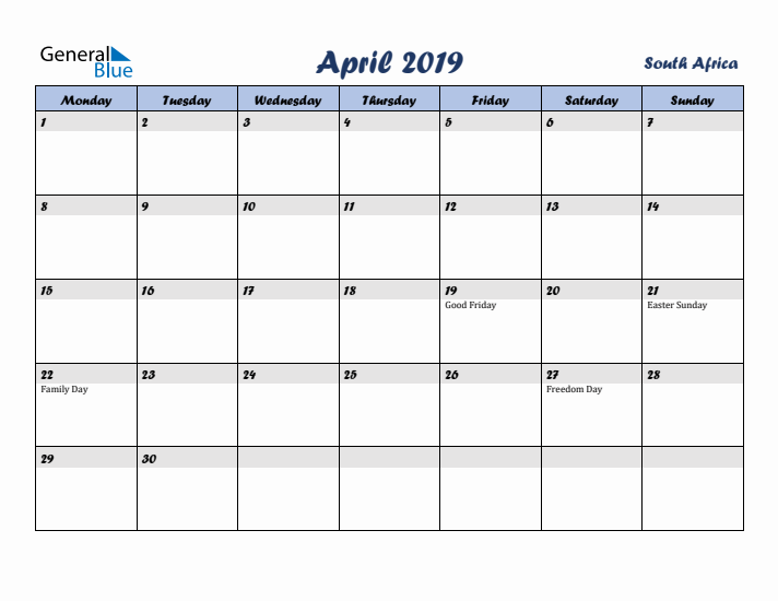April 2019 Calendar with Holidays in South Africa
